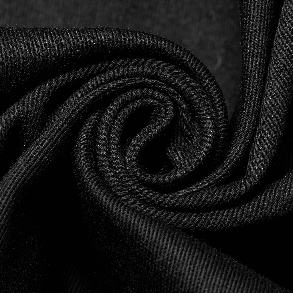 Close-up of twisted black fabric showcasing its soft texture and durability, perfect for edgy gothic fashion.