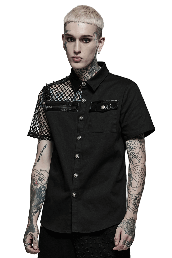 Edgy Fishnet Sleeves Button-Up Gothic Shirt