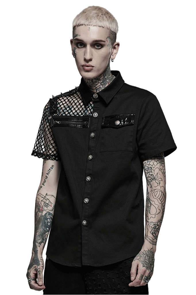 Edgy fishnet sleeves gothic shirt featuring unique ghost buttons and patent leather accents, perfect for punk fashion lovers.