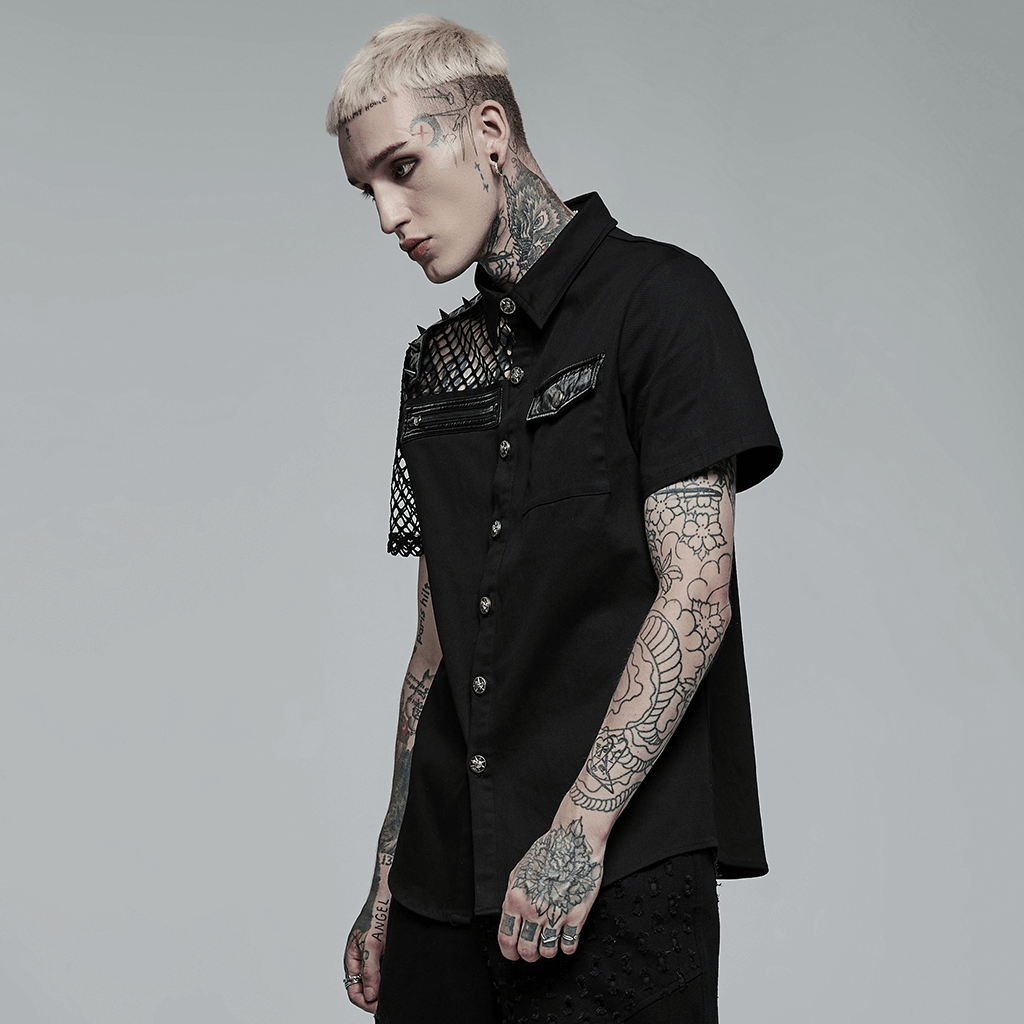 Gothic button-up shirt with fishnet sleeves, punk style, and ghost-shaped buttons, perfect for alternative fashion lovers.