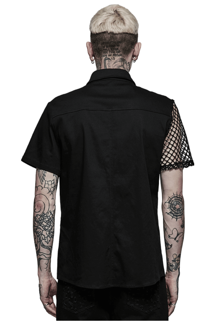 Back view of an edgy black shirt with fishnet sleeve, perfect for punk style lovers and alternative fashion enthusiasts.