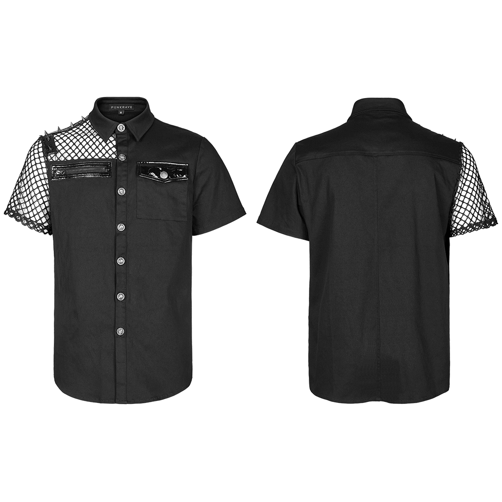 Edgy gothic shirt with fishnet sleeves, patent leather accents, and unique ghost-shaped buttons for alternative fashion.