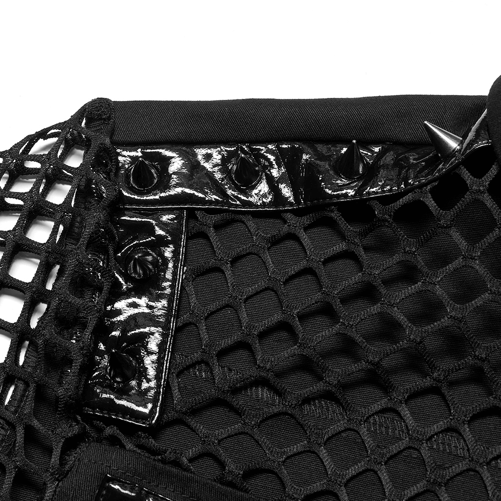 Close-up of edgy fishnet sleeve and shiny patent leather details on gothic shirt, showcasing punk style and unique buttons.