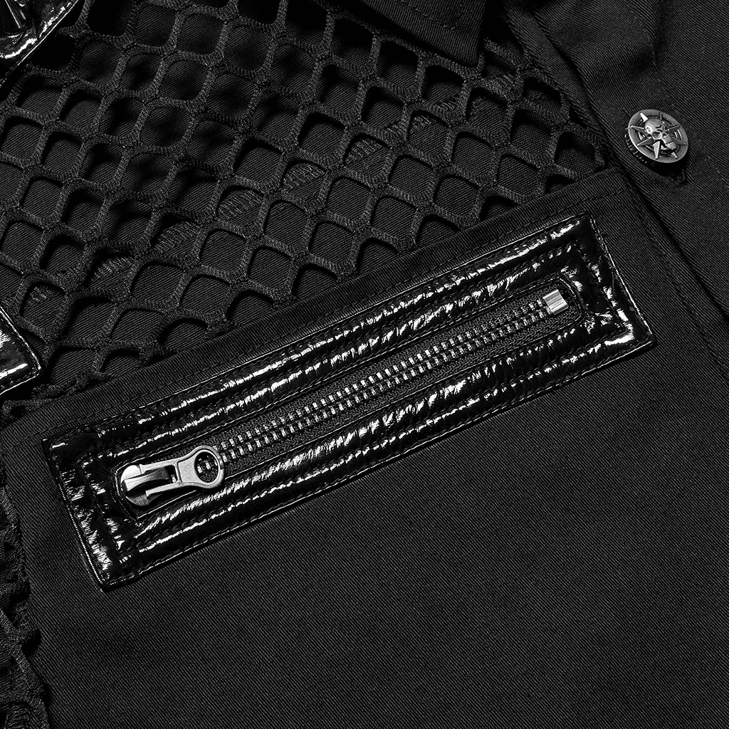 Close-up of the edgy fishnet and patent leather detail on a gothic button-up shirt.