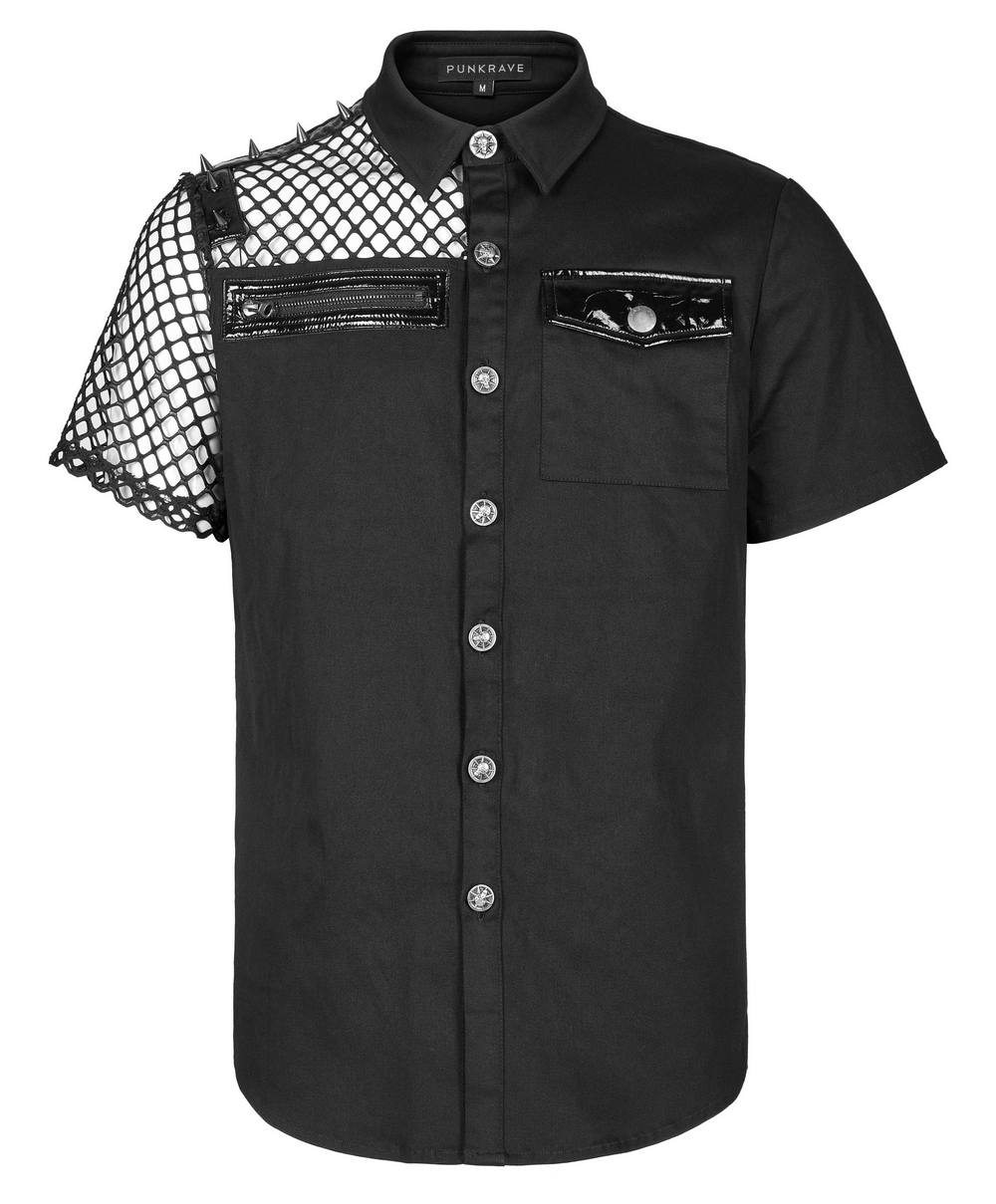 Edgy black button-up gothic shirt with fishnet sleeves and shiny patent leather accents, featuring ghost-shaped buttons.