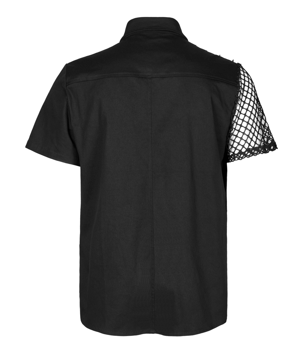 Back view of an edgy black shirt with fishnet detail and asymmetric stitching, perfect for punk fashion lovers.