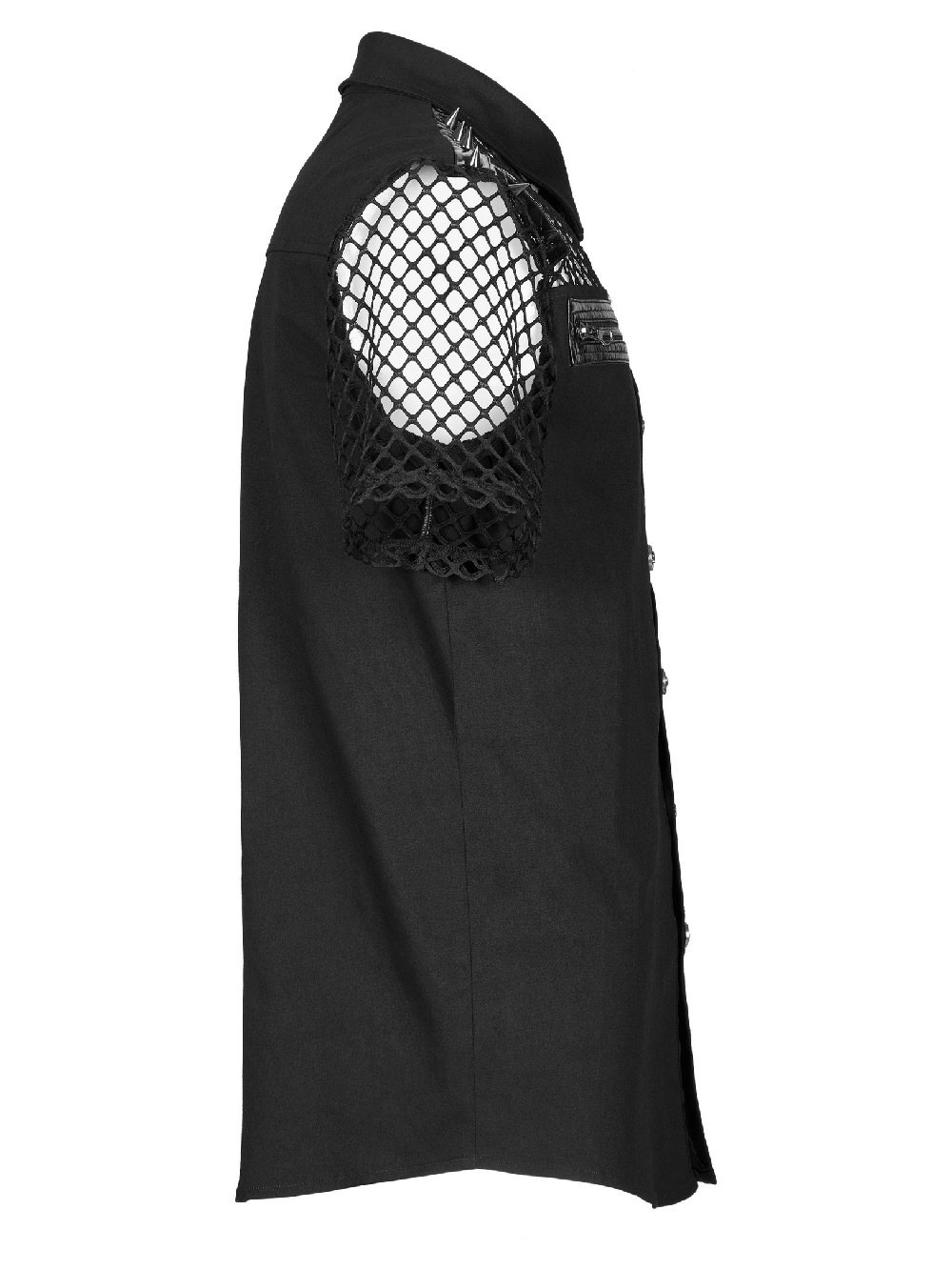 Edgy fishnet sleeves on a black gothic button-up shirt showcasing punk style and unique asymmetrical stitching.