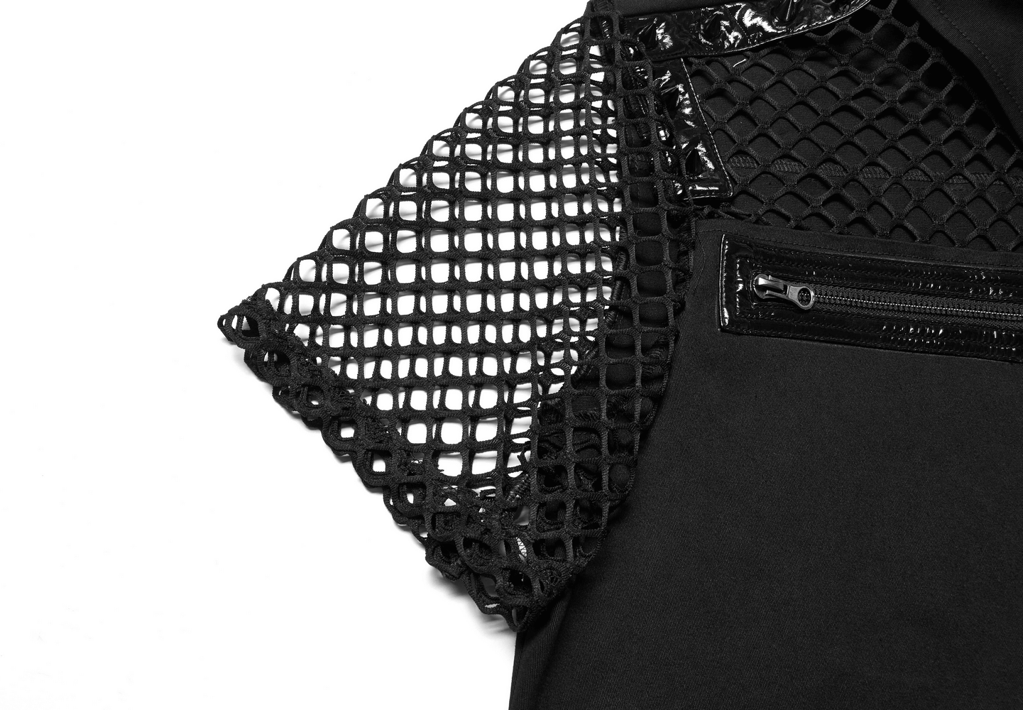 Detail of edgy fishnet sleeves on gothic shirt, featuring shiny patent leather accents and unique mesh design.