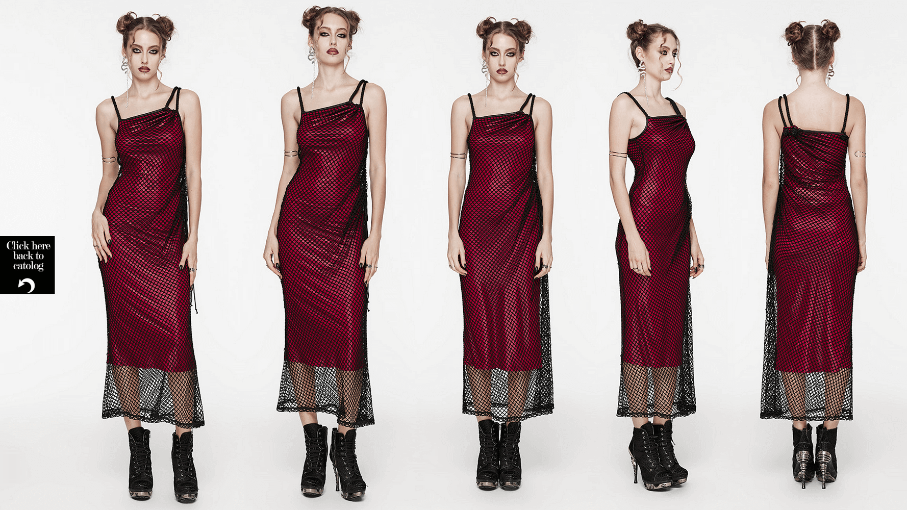 Edgy goth asymmetric dress in red mesh, featuring unique shoulder straps and a sleek slim fit design.