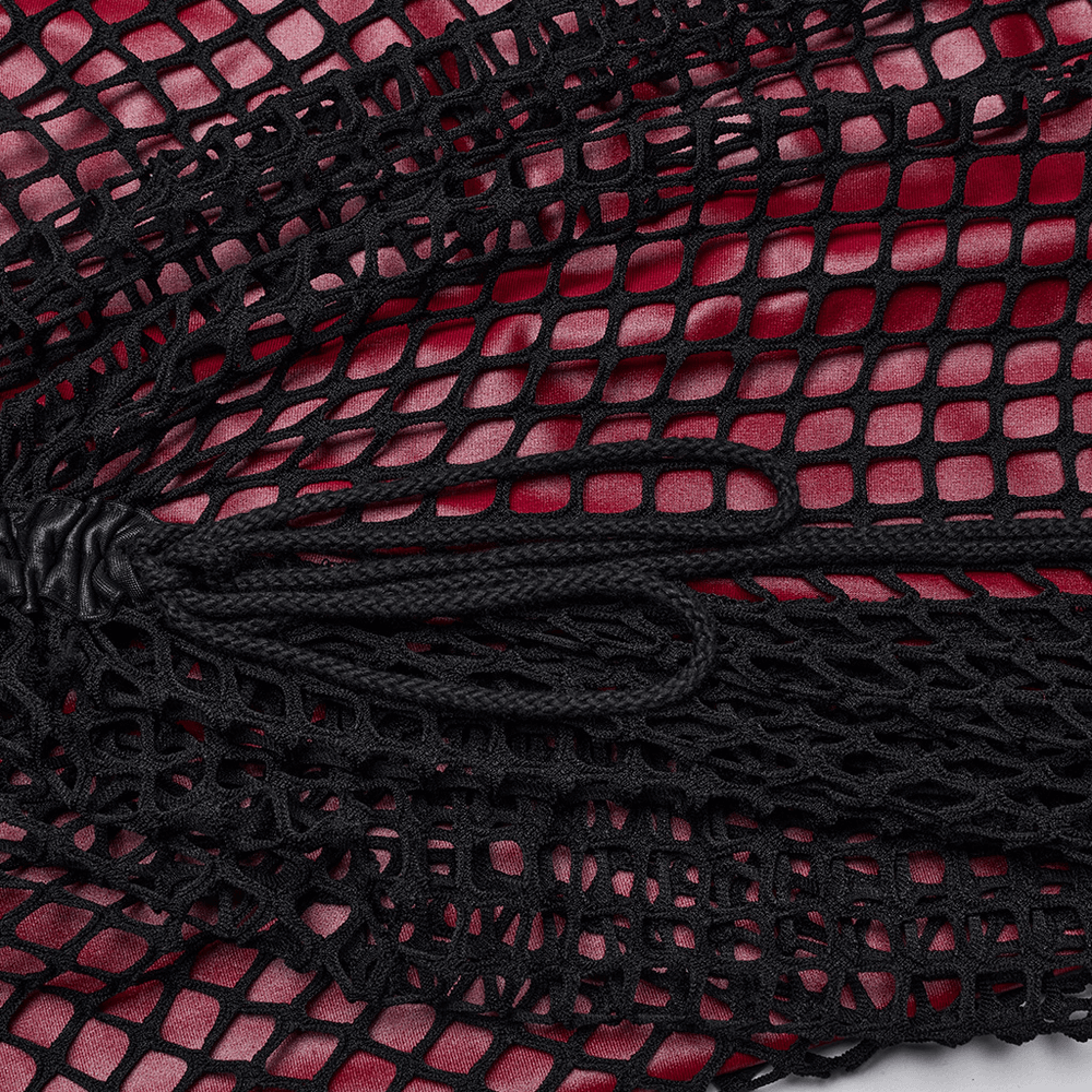 Close-up of edgy black mesh fabric with drawstring detail, perfect for a gothic asymmetric dress.