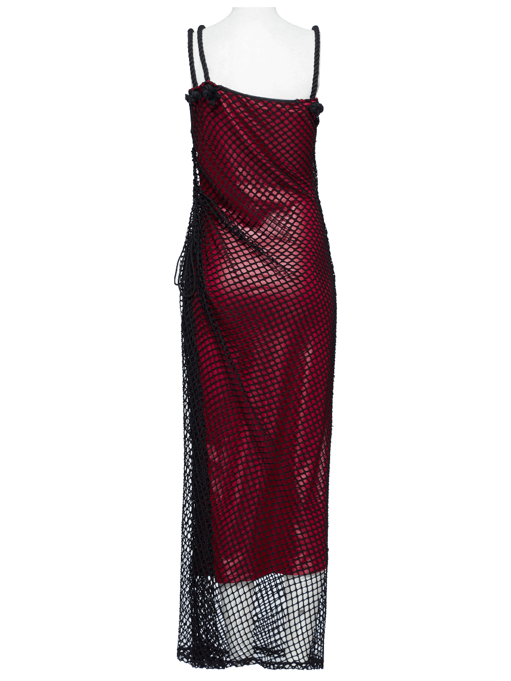 Edgy goth asymmetric dress in red and black mesh showcasing a slim-fit design and unique shoulder straps.