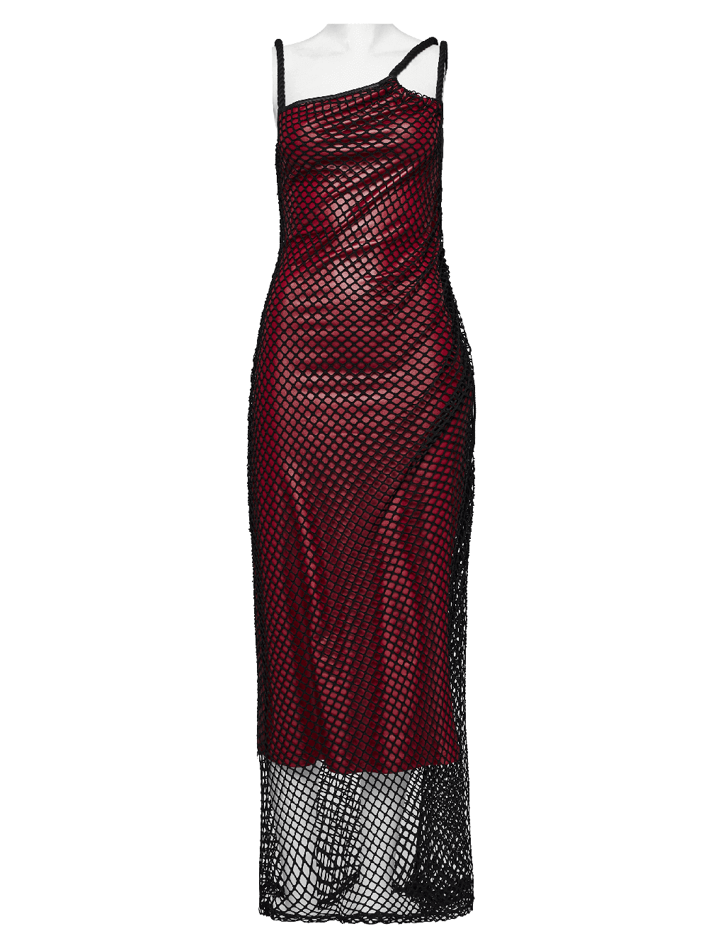 Edgy goth asymmetric dress in red mesh with black accents, featuring shoulder straps and a stylish drawstring design.