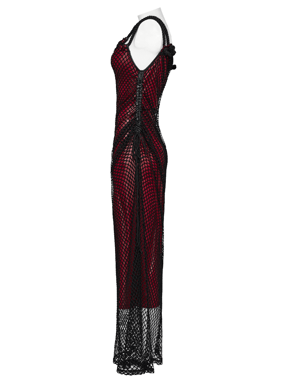 Edgy goth asymmetric dress featuring mesh panels, thick shoulder straps, and a sleek slim-fit design in red and black.