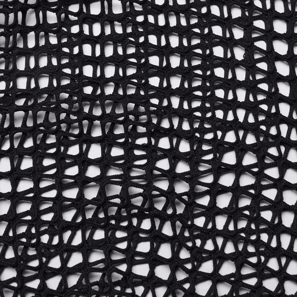Close-up of black elastic mesh fabric, perfect for edgy goth fashion with unique texture and style.