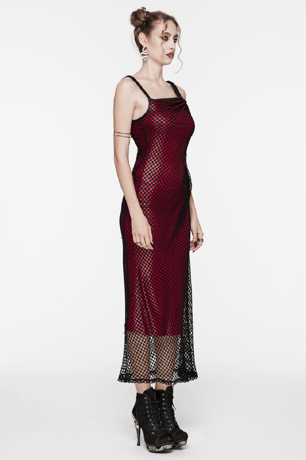 Stylish goth asymmetric dress featuring mesh and shoulder straps in red and black, perfect for bold fashion statements.