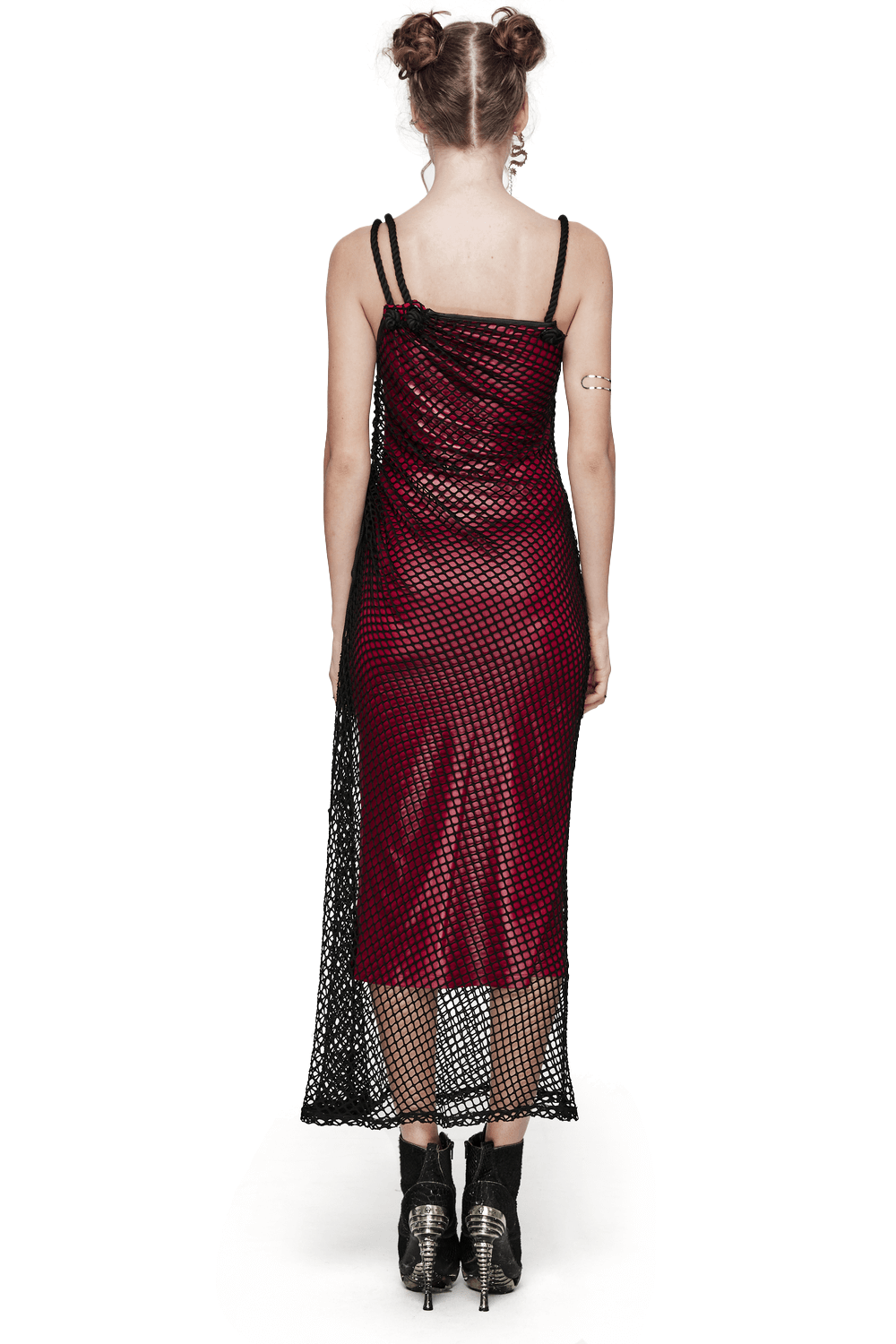 Back view of an edgy goth asymmetric dress in red mesh with black straps, showcasing a unique modern look.