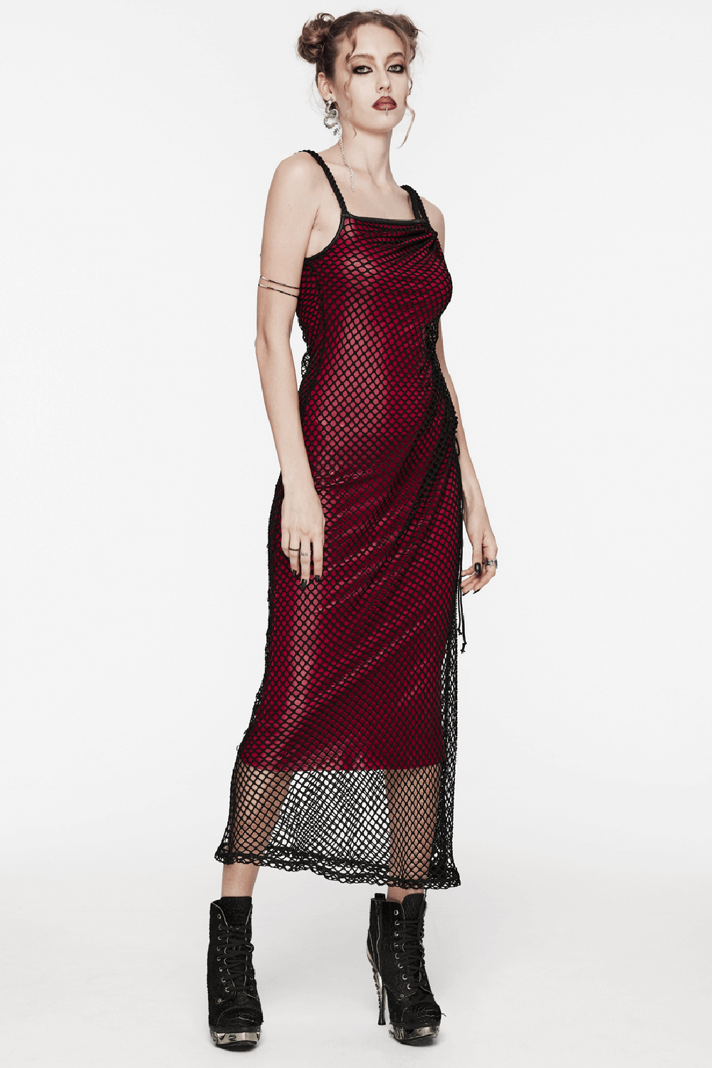 Edgy goth asymmetric dress featuring red mesh and unique shoulder straps for a bold, stylish look.