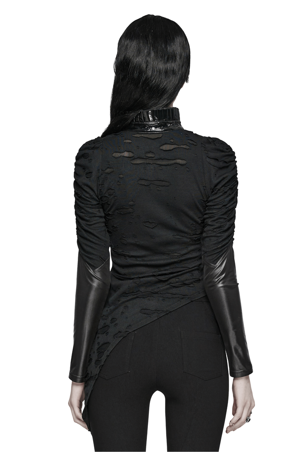 Back view of edgy goth black distressed asymmetrical top with gathering sleeves and pleated collar.