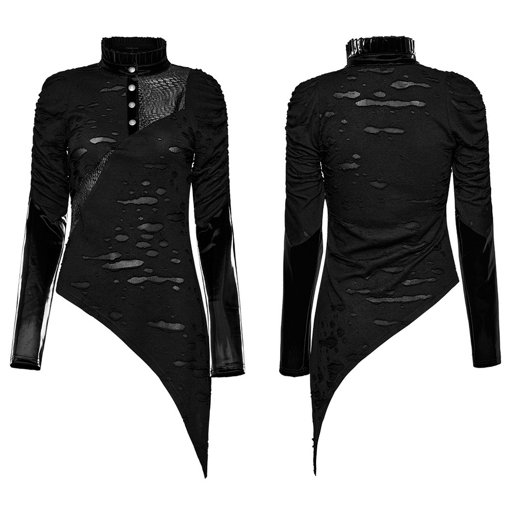 Edgy black asymmetrical goth top with holes, mesh panels, and gathering sleeves for punk style fashion.