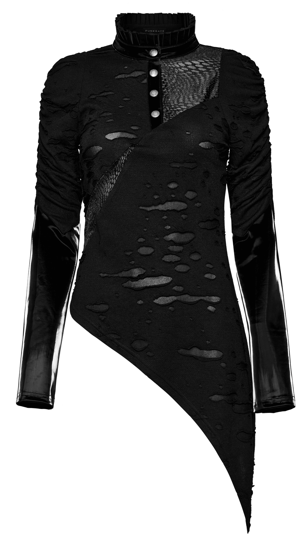 Edgy goth black distressed asymmetrical top with mesh panels and unique pleated collar.