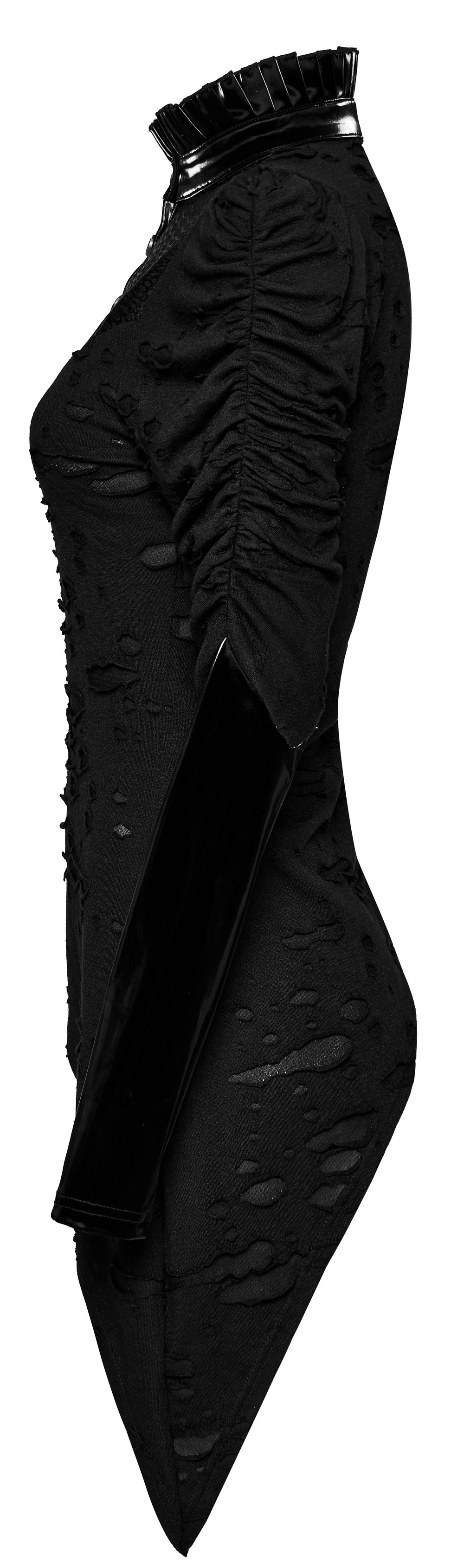 Edgy goth black distressed asymmetrical top with mesh panels and gathering sleeves