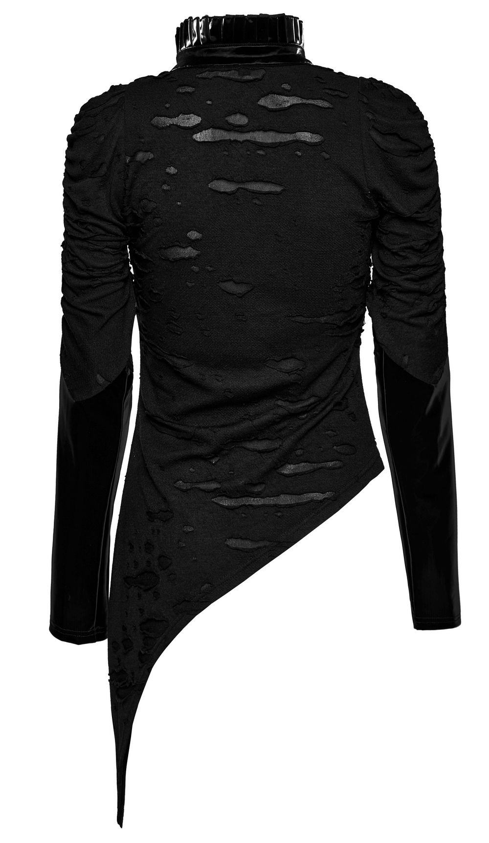 Edgy black asymmetrical goth top featuring distressed fabric, mesh panels, and gathering sleeves for a punk rocker vibe.