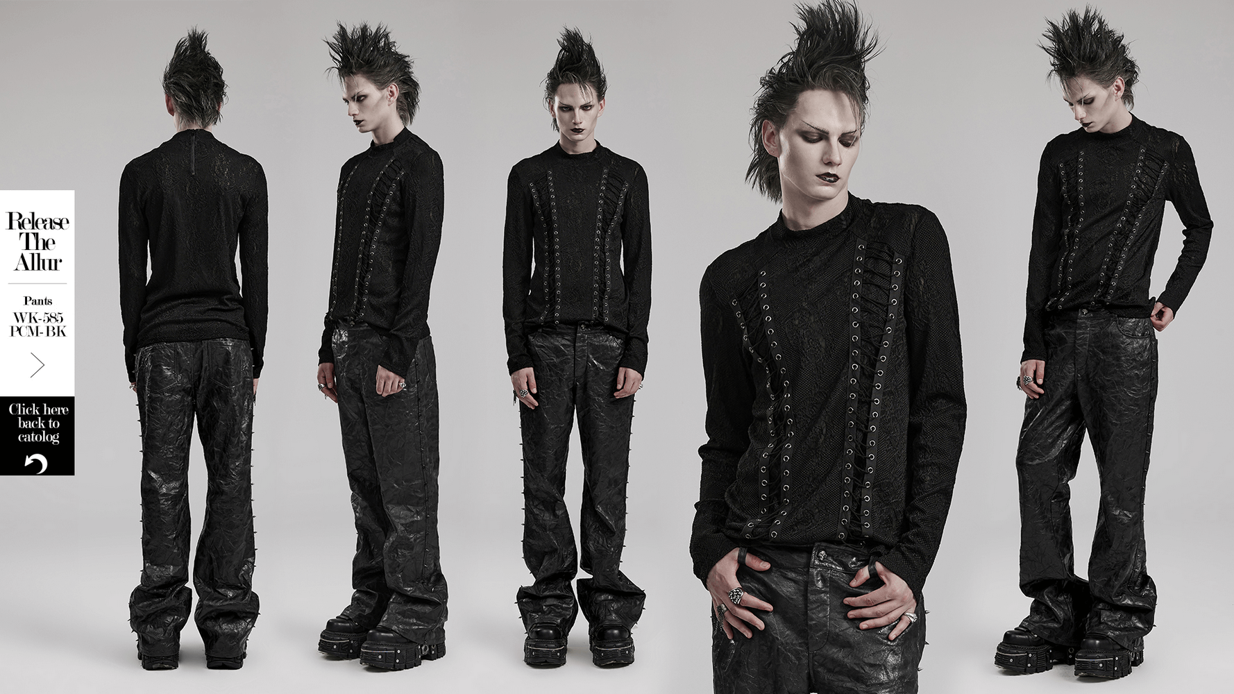 Edgy goth model showcasing a black top with 3D jacquard weave and webbing details, paired with chunky platform boots.