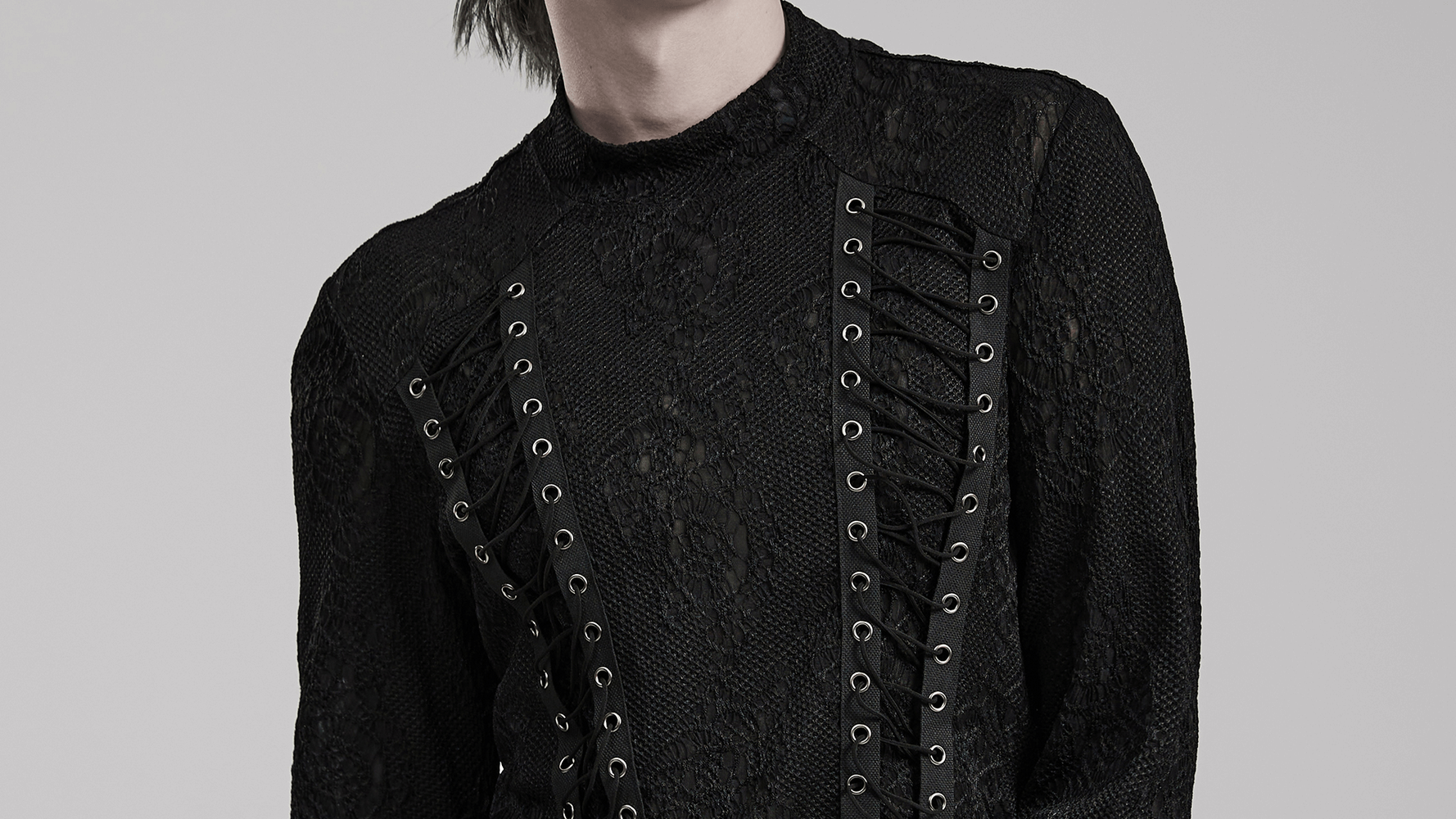 Edgy goth top featuring intricate 3D jacquard weave and bold webbing details for a stylish gothic look.