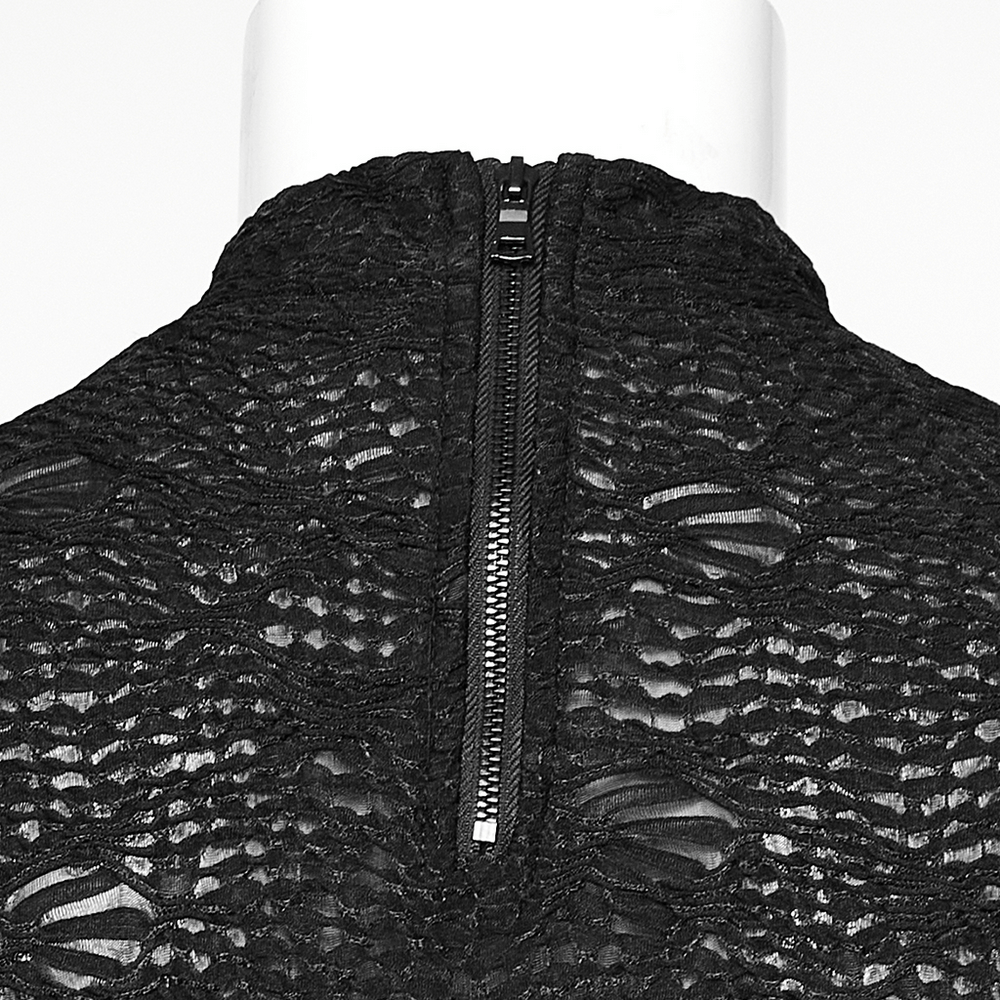 Close-up of the back zipper detail on an elegant gothic top with 3D jacquard fabric, showcasing edgy texture.