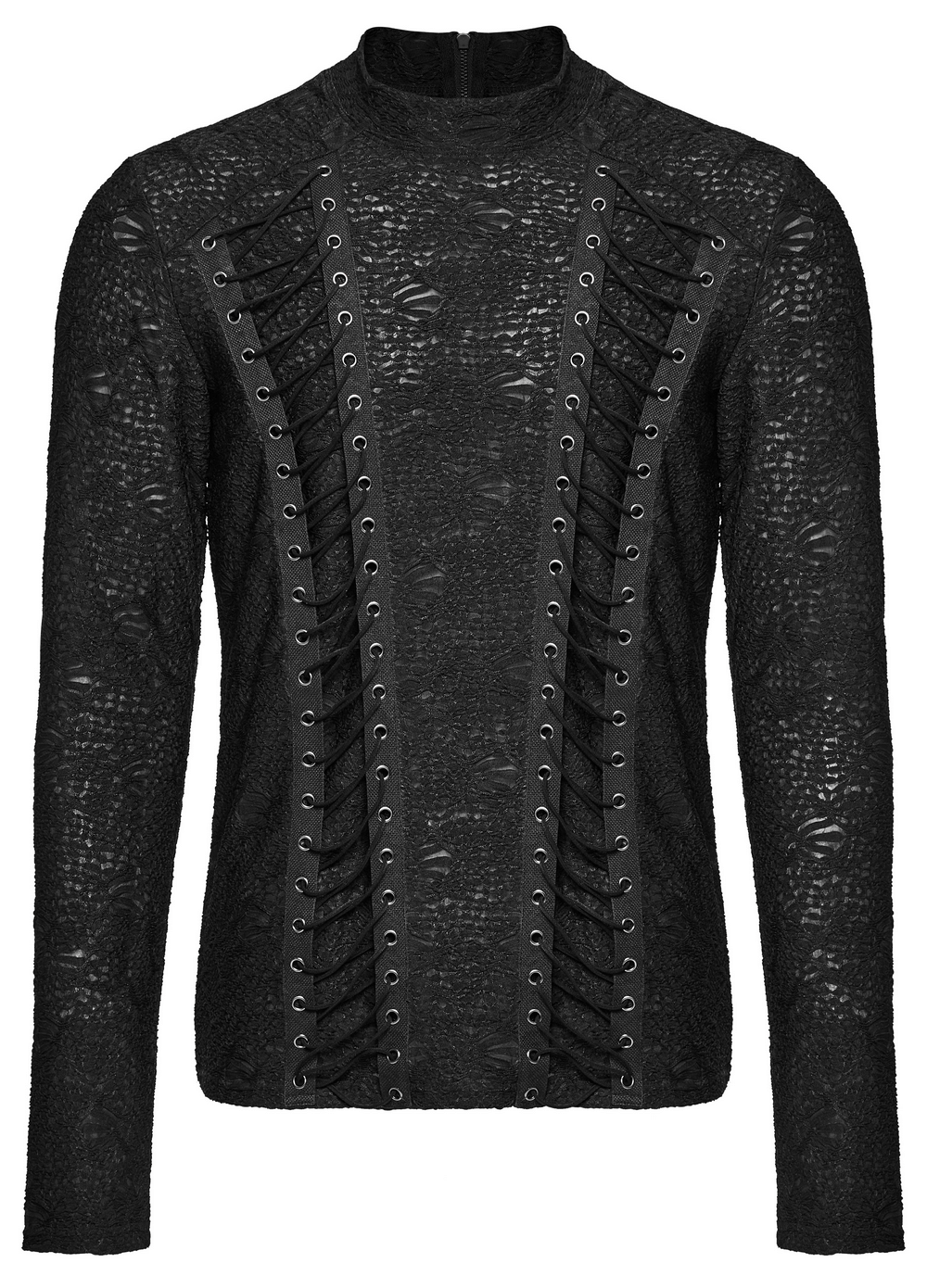 Elegant Gothic black top with 3D jacquard weave and front webbing details, featuring a zipper back for easy wear.