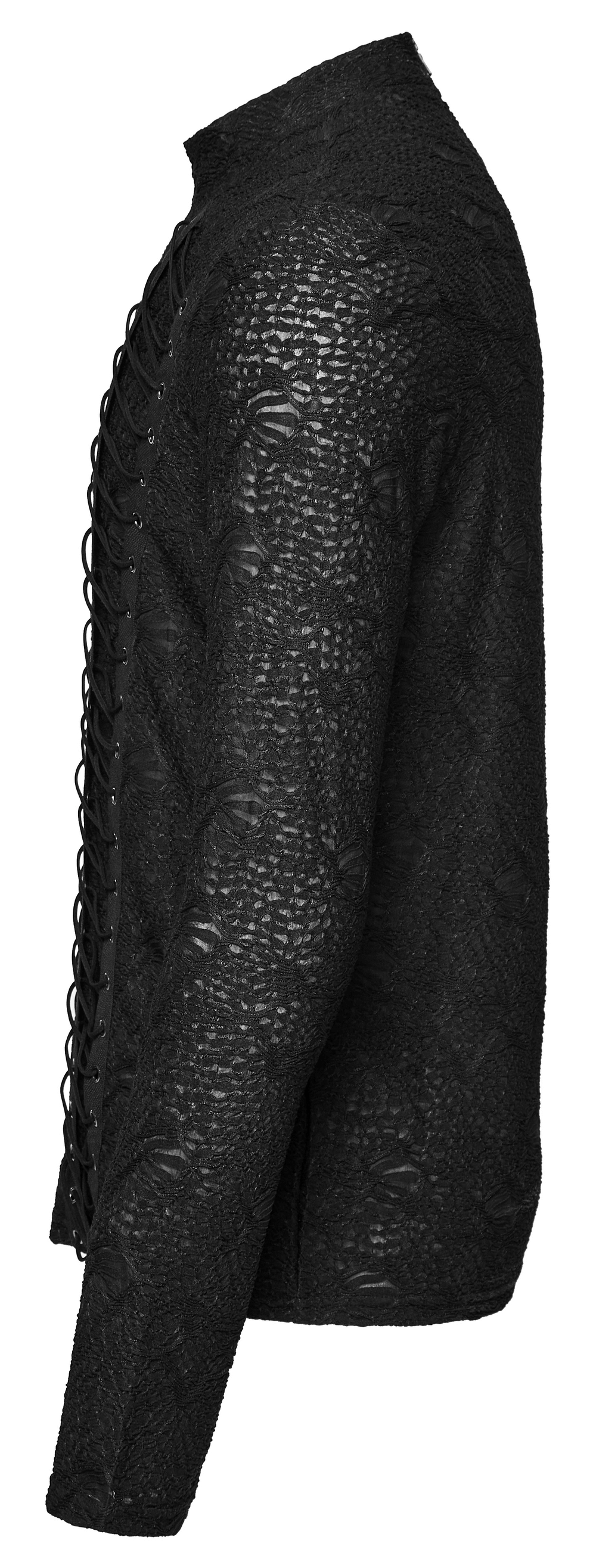 Edgy gothic top in black with 3D jacquard weave and webbing detail, showcasing a stylish profile.