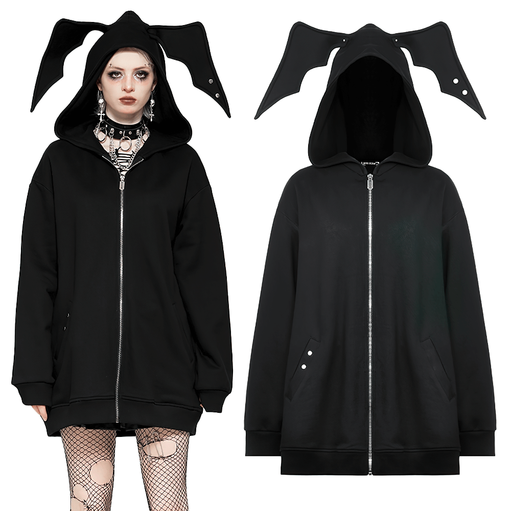 Edgy gothic batwing zip-up hoodie with bat ears for women, perfect for a unique and relaxed style.