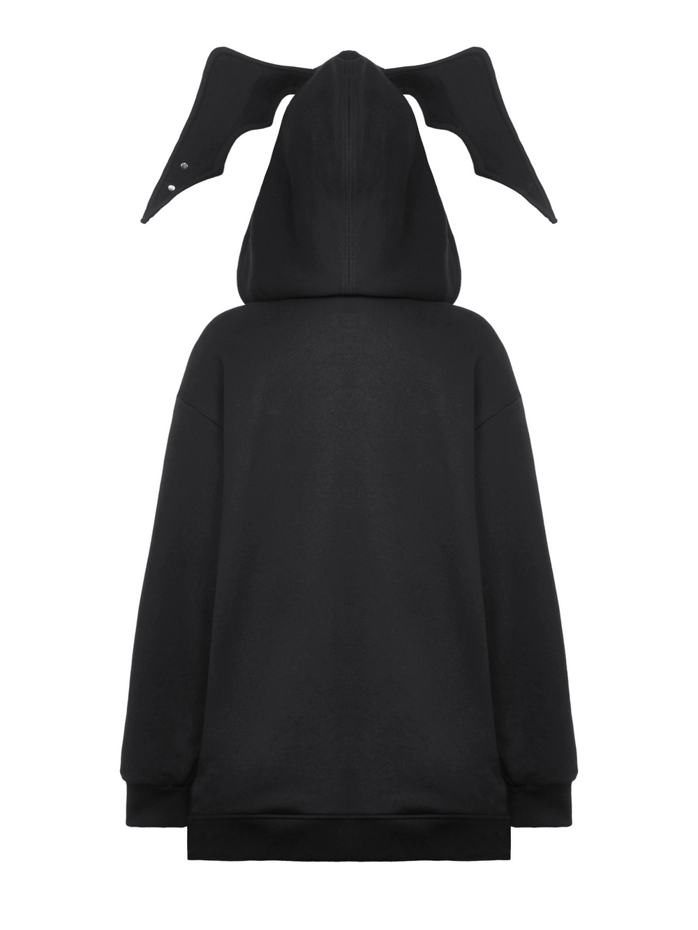 Edgy black batwing hoodie for women with unique bat ears on the hood, showcasing its oversized and relaxed style.