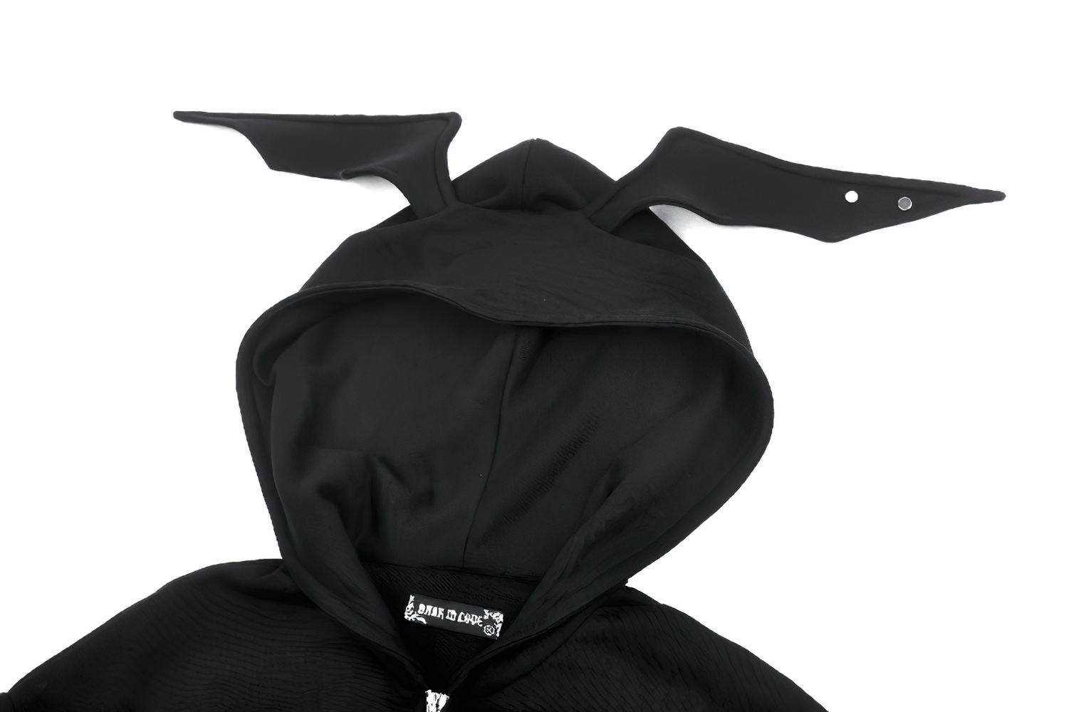 Black batwing hoodie with unique bat ears design, perfect for an edgy gothic style.