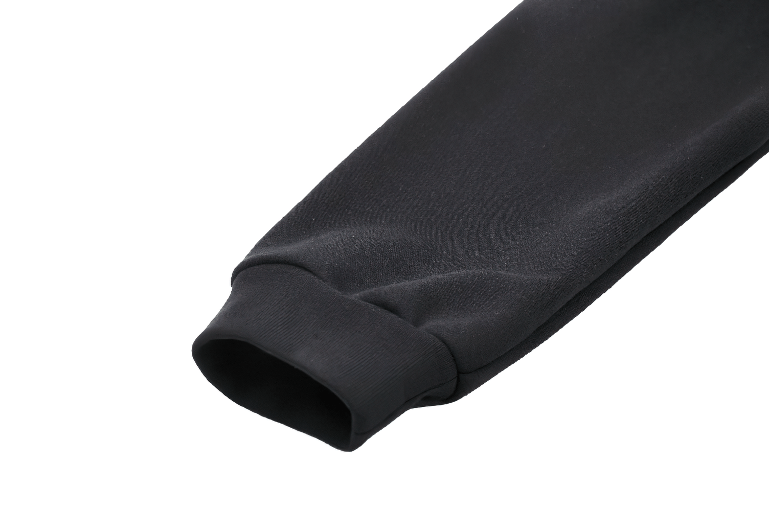 close-up of the cuff of a black batwing hoodie showcasing soft fabric and stylish design details.