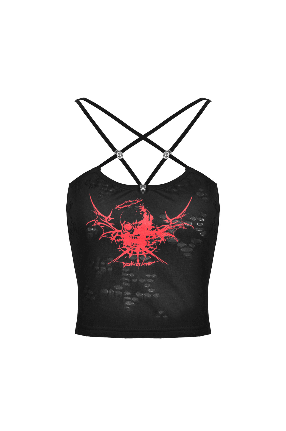 Edgy black crop top with strappy back and bold red skull print for a stylish look.