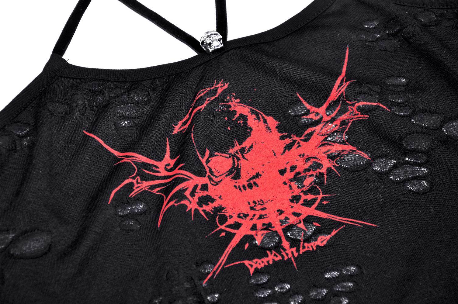 Edgy black crop top with bold red skull design and intricate strappy back detailing.