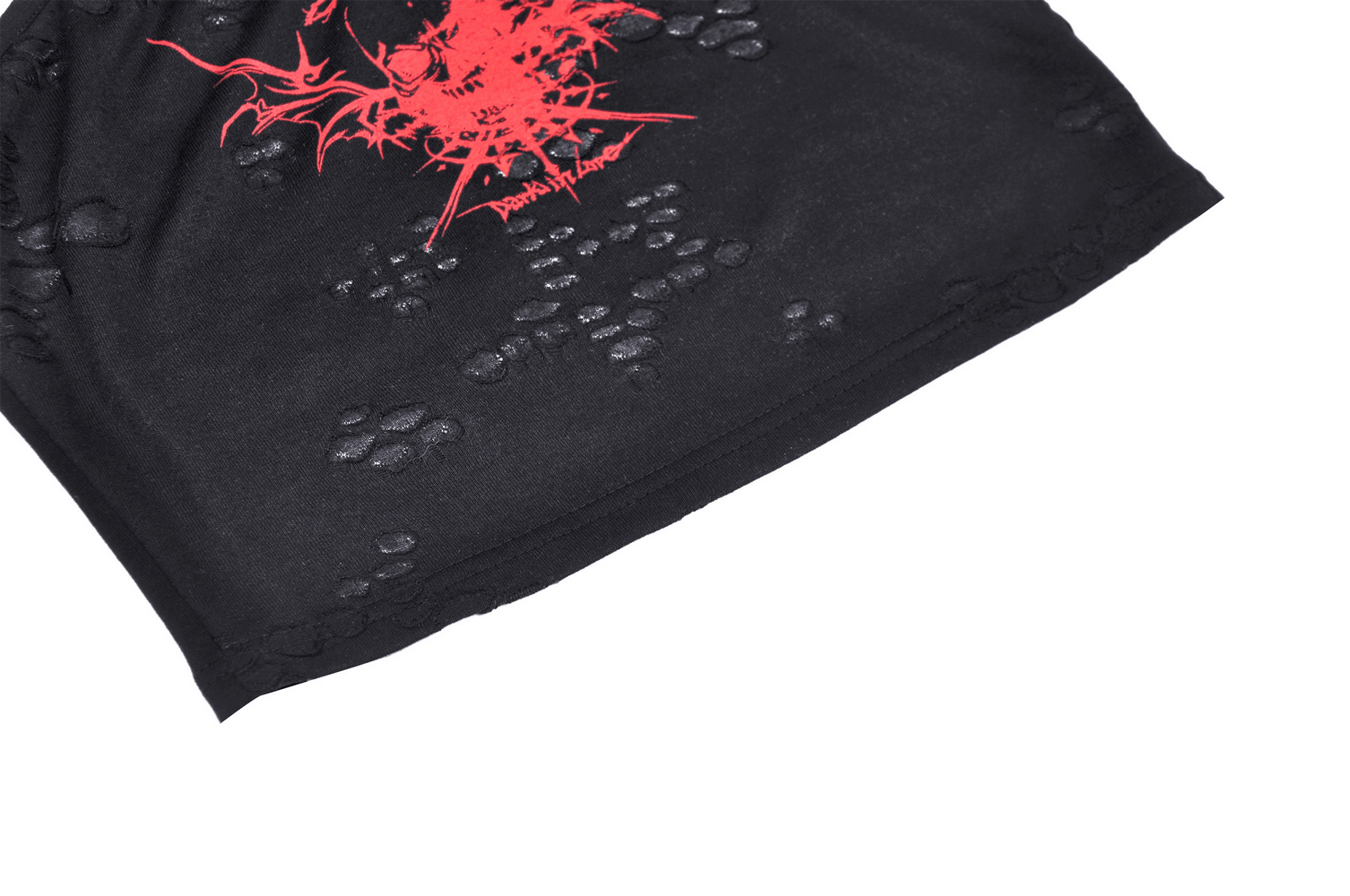 Edgy black crop top featuring bold red print and stylish cutout design, perfect for a gothic fashion statement.