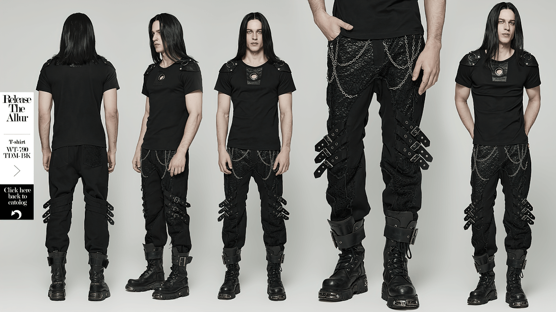 Stylish gothic black trousers with chains and buckles, showcasing avant-garde punk fashion.