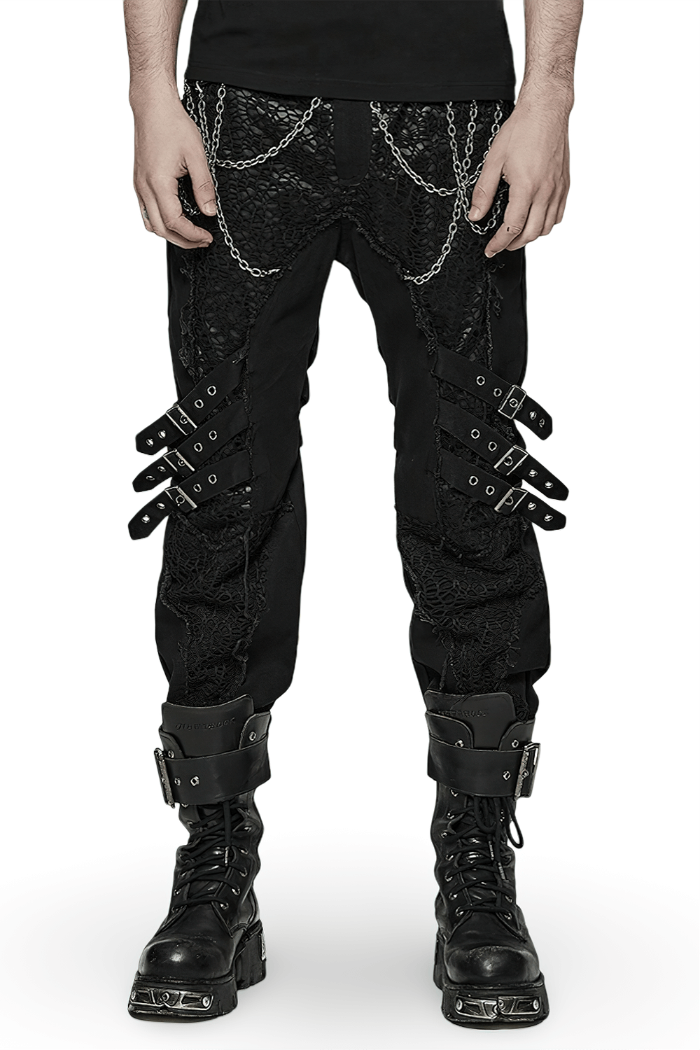Edgy gothic black trousers with buckles and chains, perfect for punk-inspired fashion lovers.