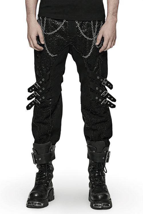 Ausgefallene schwarze Gothic-Hose mit Schnallen- und Kettenakzent