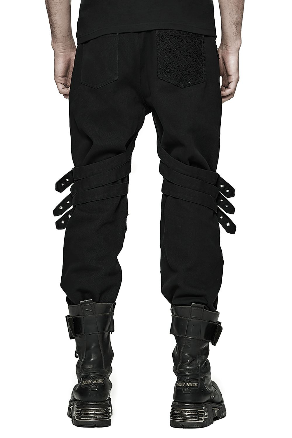 Edgy black trousers with buckles and chains, showcasing avant-garde punk style and durable twill weave fabric.