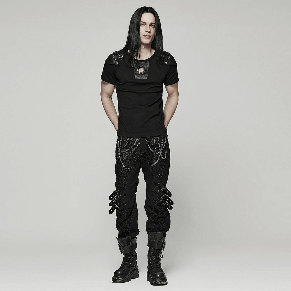 Edgy Gothic Black Trousers With Buckles And Chains Accent