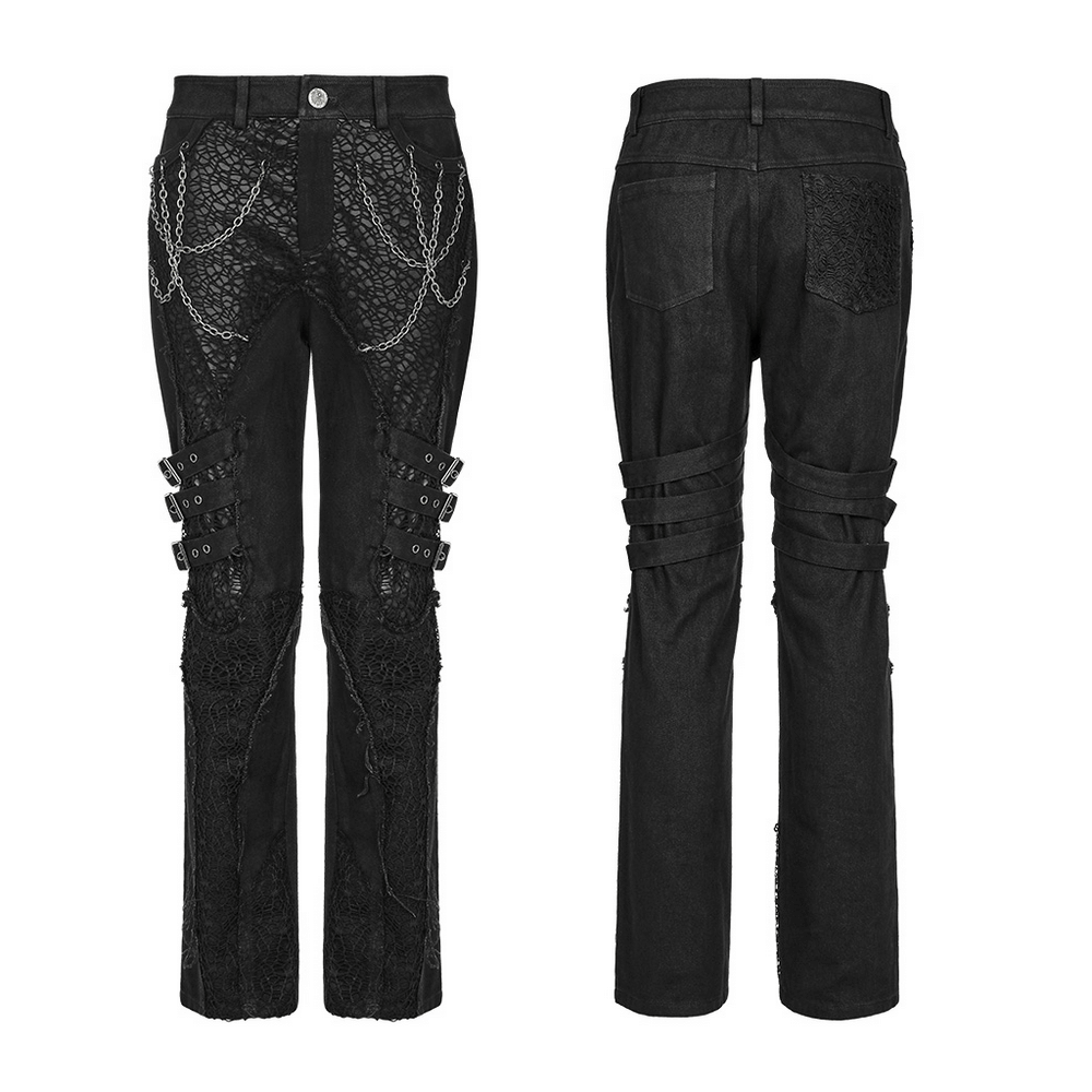 Edgy gothic black trousers with buckles and chains, showcasing avant-garde punk design and unique mesh accents.
