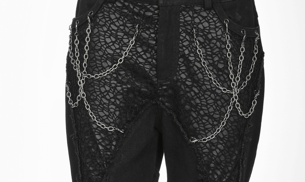 Edgy gothic black trousers featuring chains and intricate mesh detailing for a bold punk-inspired look.