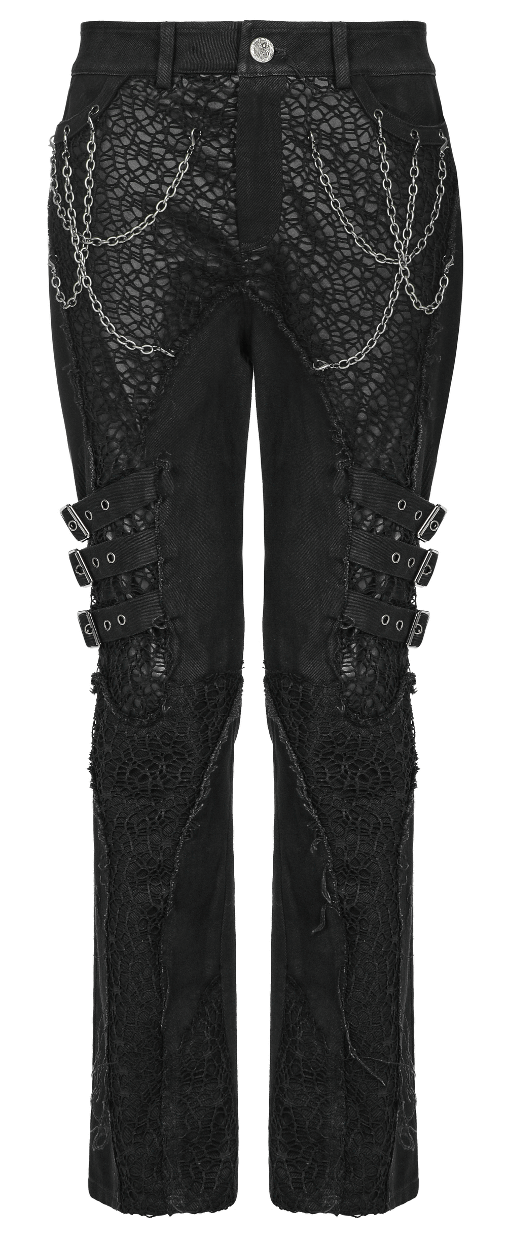 Edgy gothic black trousers featuring chains and buckles, perfect for punk-inspired fashion enthusiasts.