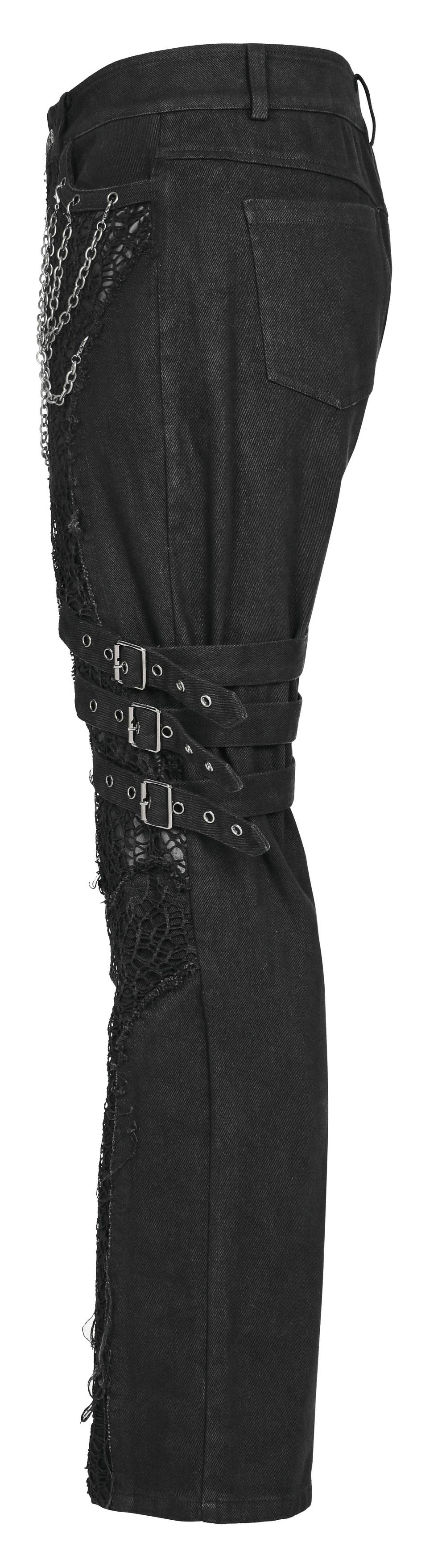 Edgy gothic black trousers with buckles and chains, showcasing punk-inspired avant-garde style.