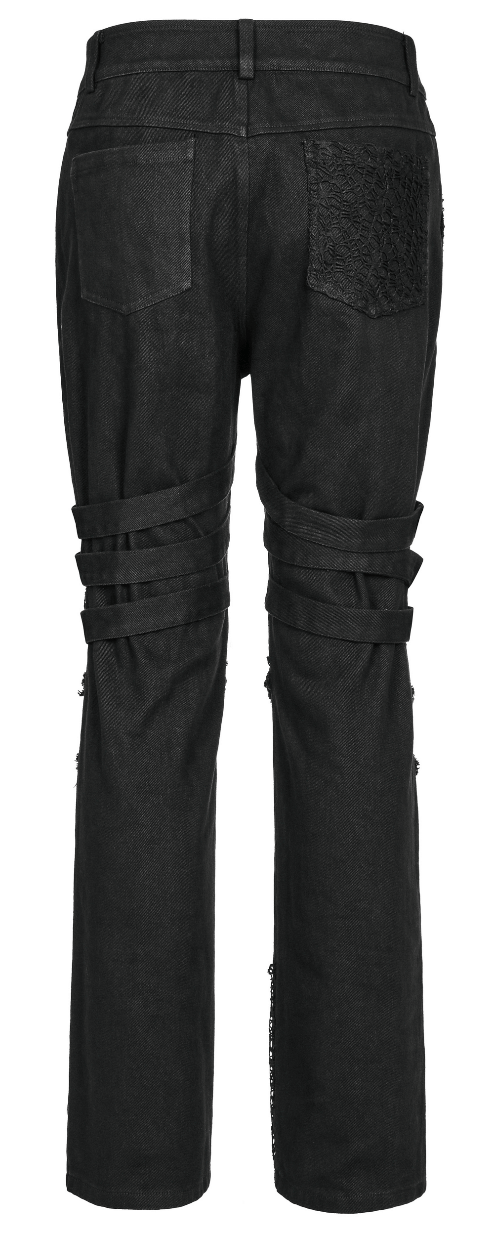 Edgy gothic black trousers with buckle accents and unique splicing design on the back.