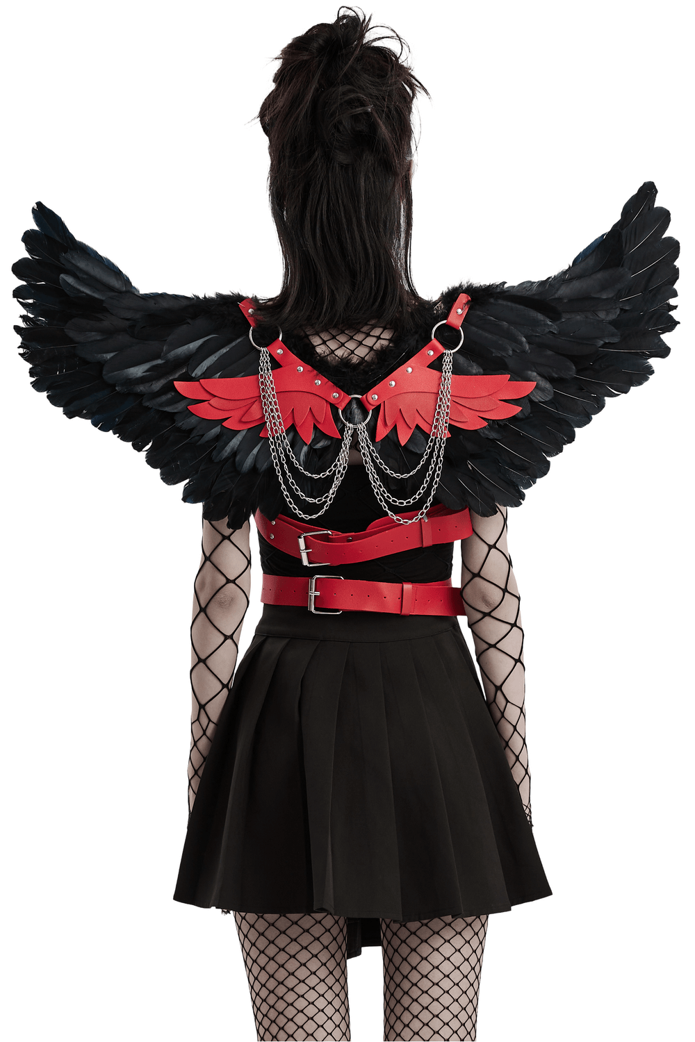 Edgy gothic demon feather wing harness with chains, black and red accents, perfect for punk style.