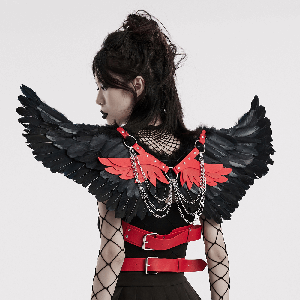 Gothic demon feather wing harness in black and red with chains, perfect for edgy punk styles.